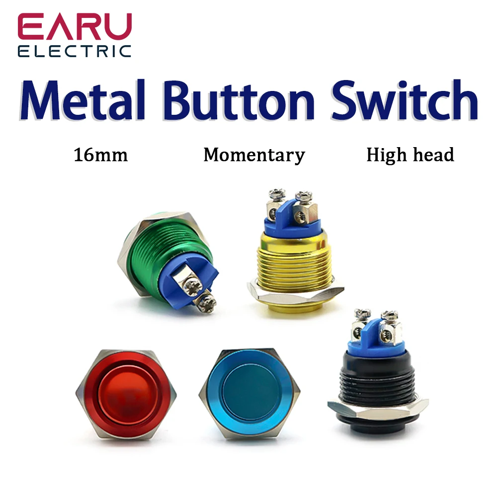 16mm Metal Button Switch Momentary Self-Reset 1NO Screw Foot High Head Complete Oxidation Button Red Yellow Blue Green Black