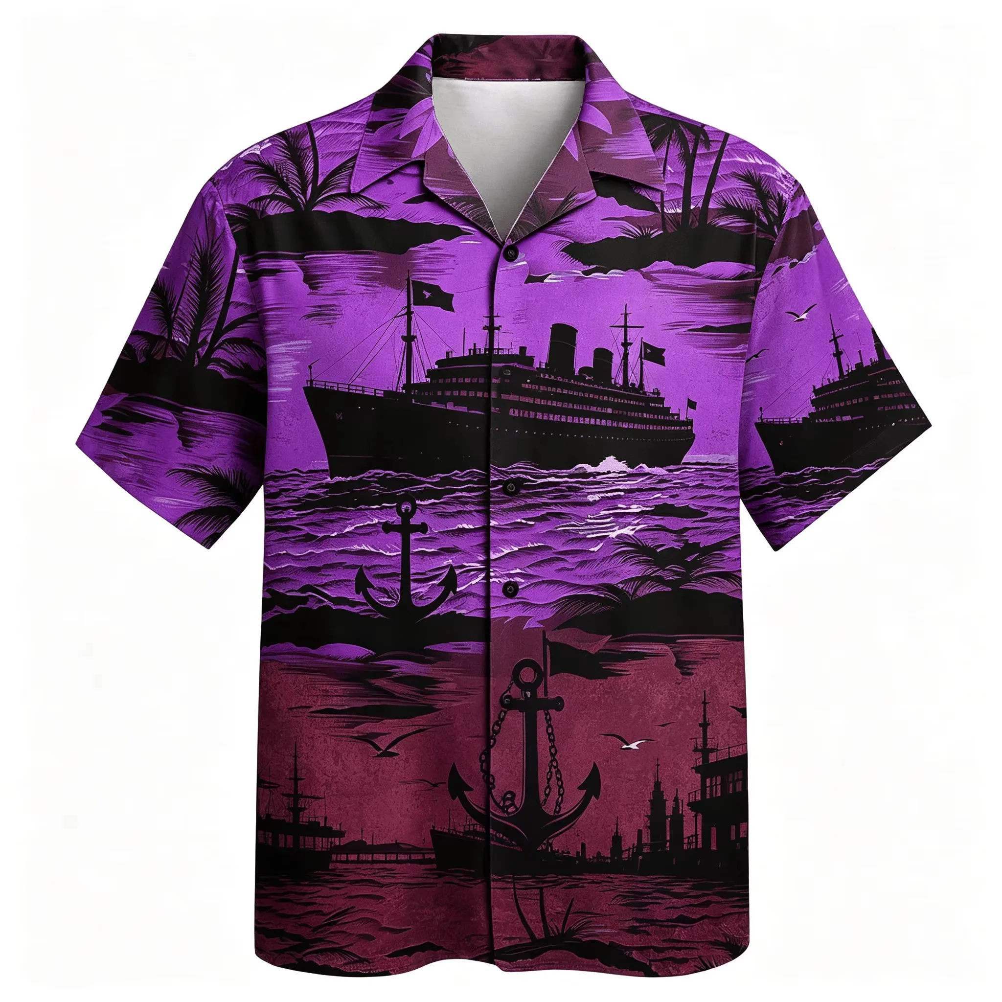 Western Regions Exotic Scenery Printed Shirt, Sunset Tropical Vegetation Element Design, Men's Summer Thin Casual Collar Shirt