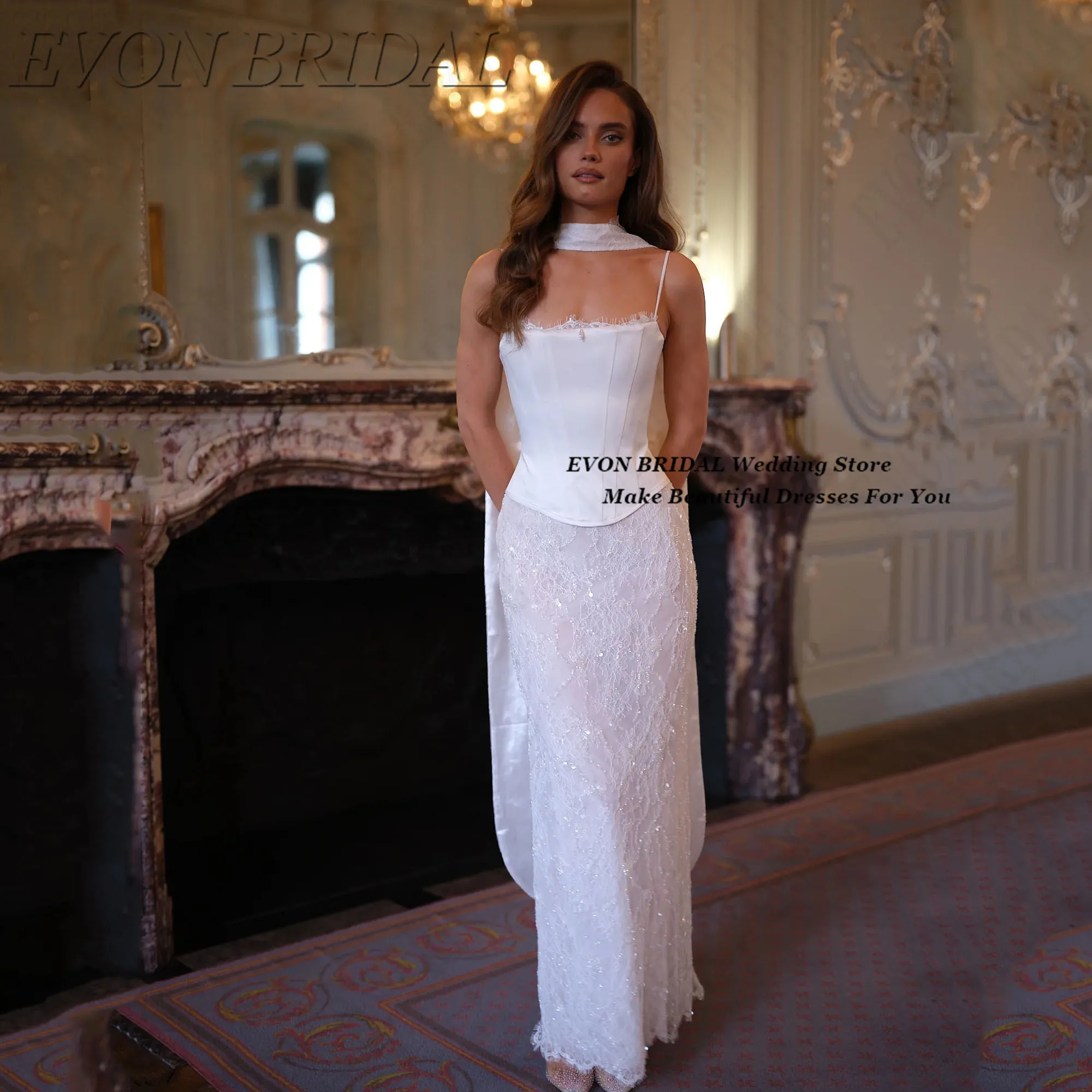 Two Piece Wedding Dresses Women Customized Ivory Lace Bridal Gown Spaghetti Strap Mermaid Corset vestido de novia EVON BRIDAL