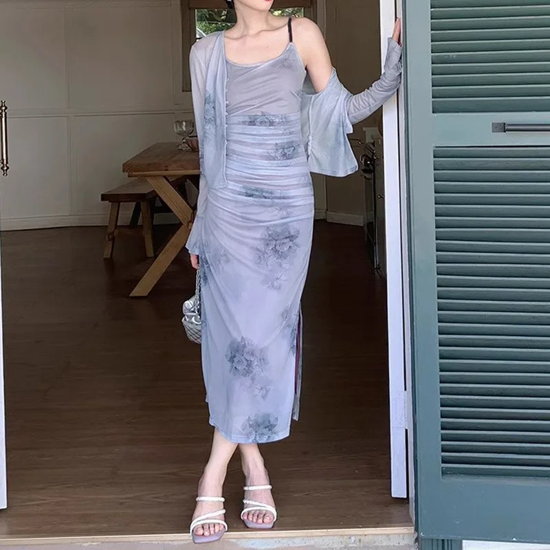 Vestido sem costas sem mangas floral feminino, fenda lateral, cobertura de quadril, plissado, temperamento, elegante, diário, moda sexy
