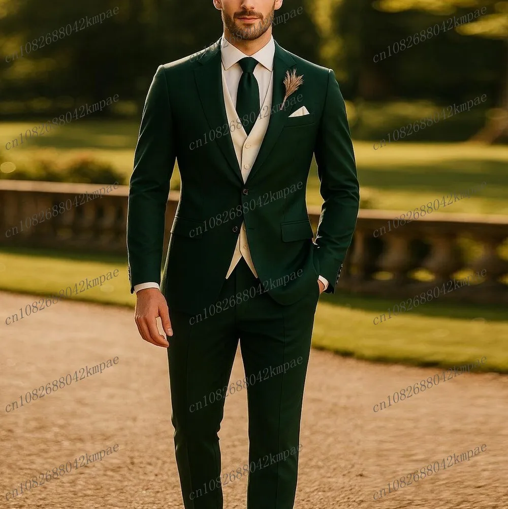 

New Dark Green And Ivory Formal Men Suit Groom Groomsman Wedding Party Prom Business Male Tuxedos 3 Piece Set Blazer Vest Pants