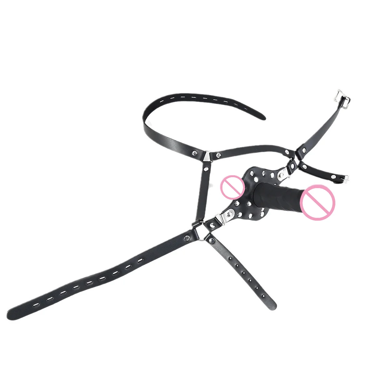 BDSM Leather Head Harness Double Ended Silicone Dildo Mouth Gag Slave Bondage Mask Adult Sex Toy Role Play Fetish Gear Tools view 5