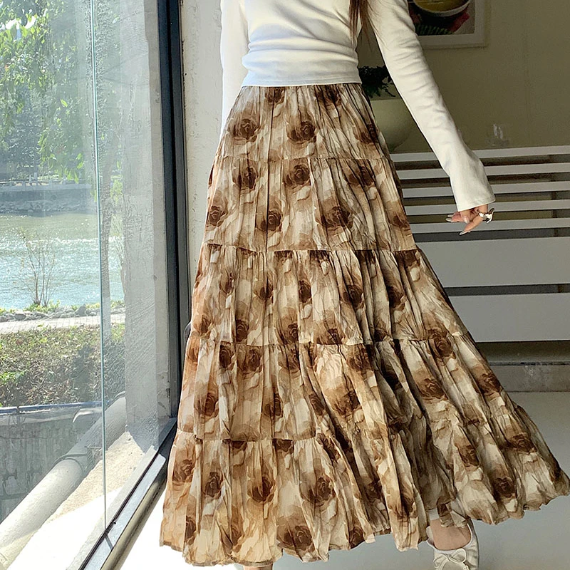 

Woman Clothing Skirt 2024 New Vintage High-waisted Skirt Female A-line Long Skirts Korean Style Pleated Skirts Faldas Harajuku