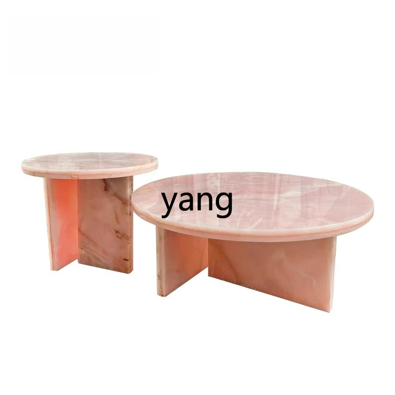 

LTT Italian minimalist natural marble round coffee table side table living room pink crystal coffee table combination