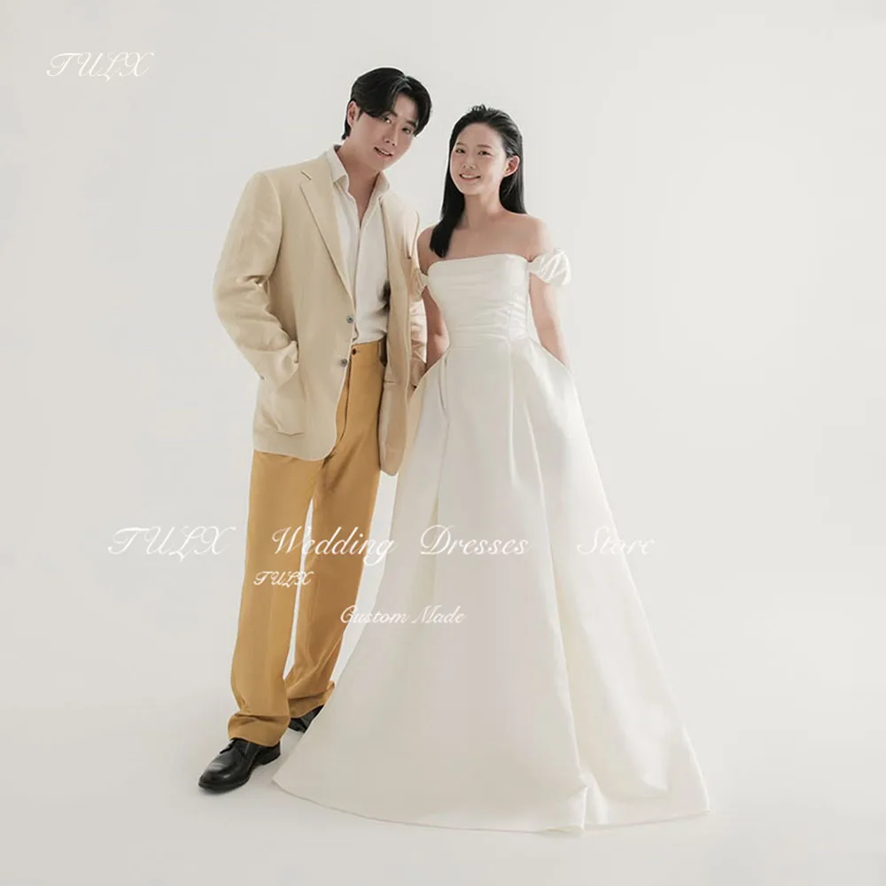 

TULX Simple Strapless Wedding Photo Shoot Dress Off Shoulder Corset A line Korea Bridal Gowns Long Side Slit 웨딩드레스 Customized