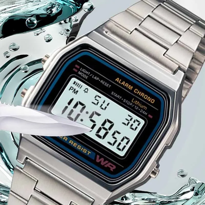 F91W jam tangan gelang baja tahan karat jam tangan militer olahraga Digital Retro kedap air mewah jam tangan elektronik Pria Wanita