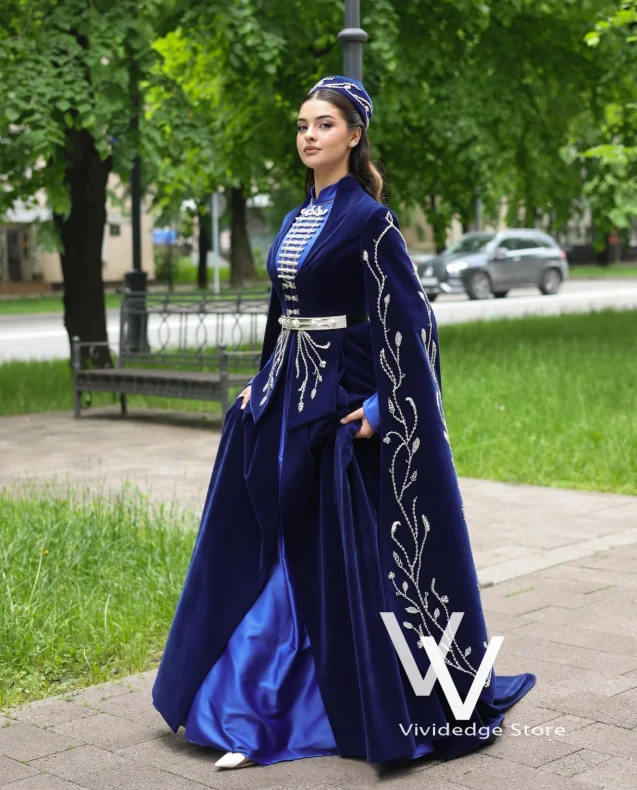 Royal Blue Albania Traditional Bridal Kaftan Velvet High-Neck Long-Sleeved Elegant A-Line Embroidered Wedding Dress Customized