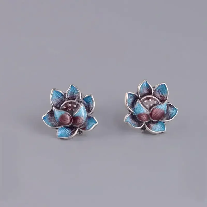 Original design cloisonne enamel porcelain lotus earrings Chinese retro craftsmanship elegant charm women's silver jewelry