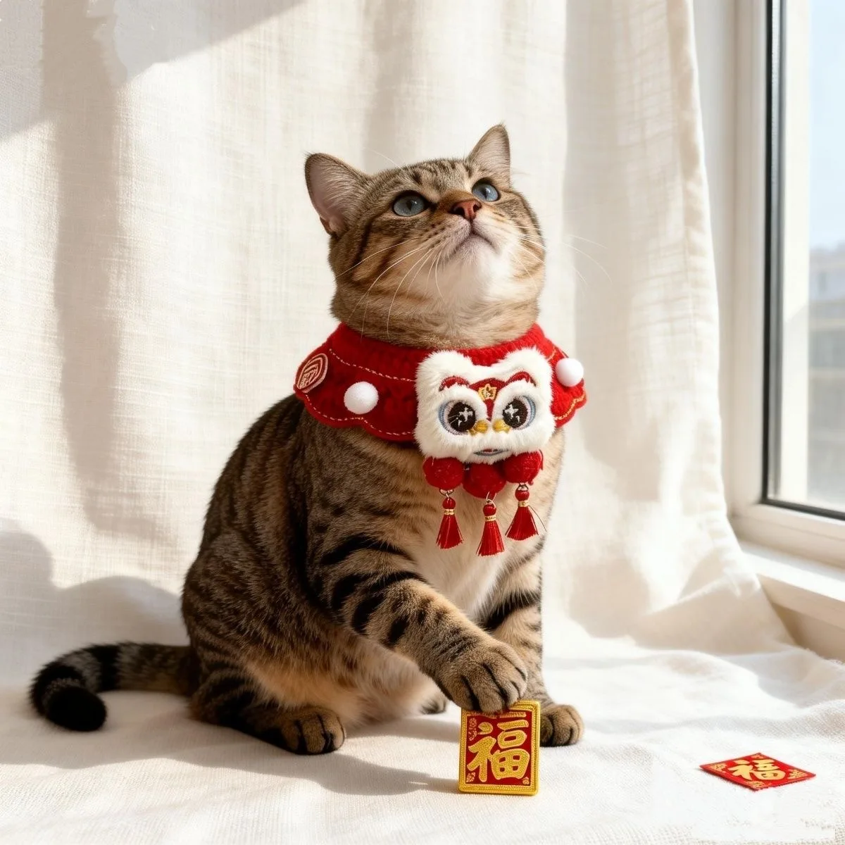 

Chinese Style Spring Festival Lion Dance Cat Tie Handmade Warm New Year Pet Collar Adjustable Blessing Cat Knitting Scarf