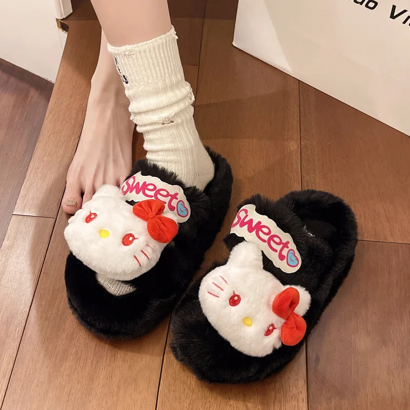 Sanrio Plush Slippers Hello Kitty Home Thick Bottom Slippers Cartoon Student Dormitory Cotton Slippers In Autumn And Winter Gift