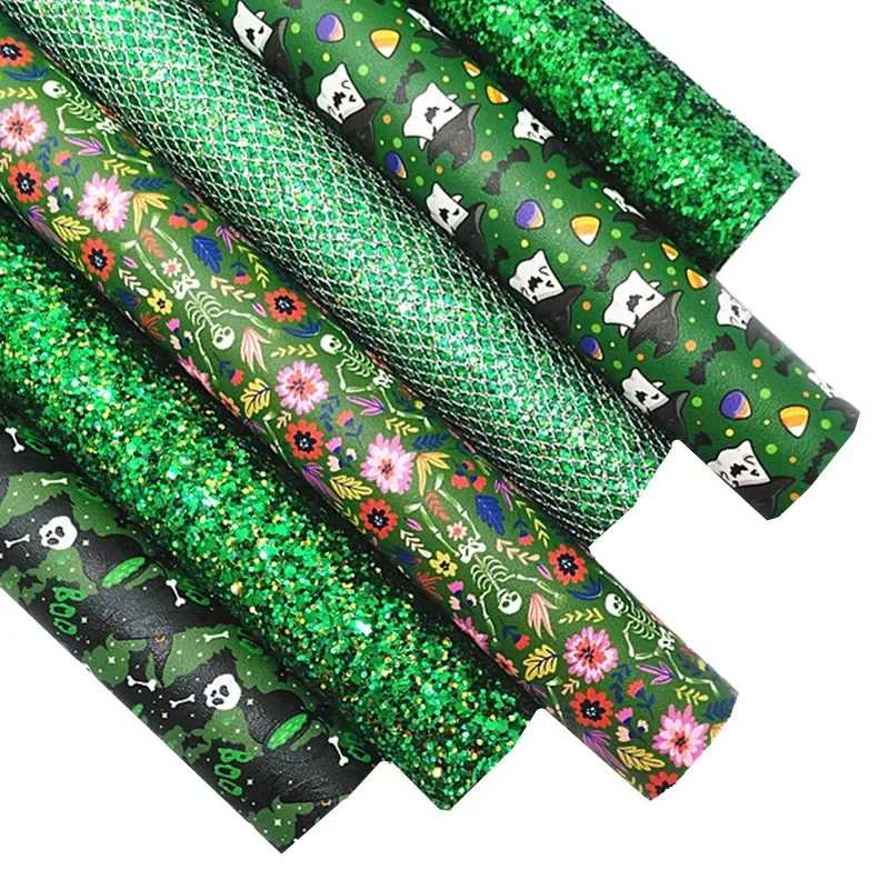 Green Glitter Leather Sheets Halloween Ghosts Skulls Skeletons Printed Synthetic Leather Sheets for DIY Craft 8.2