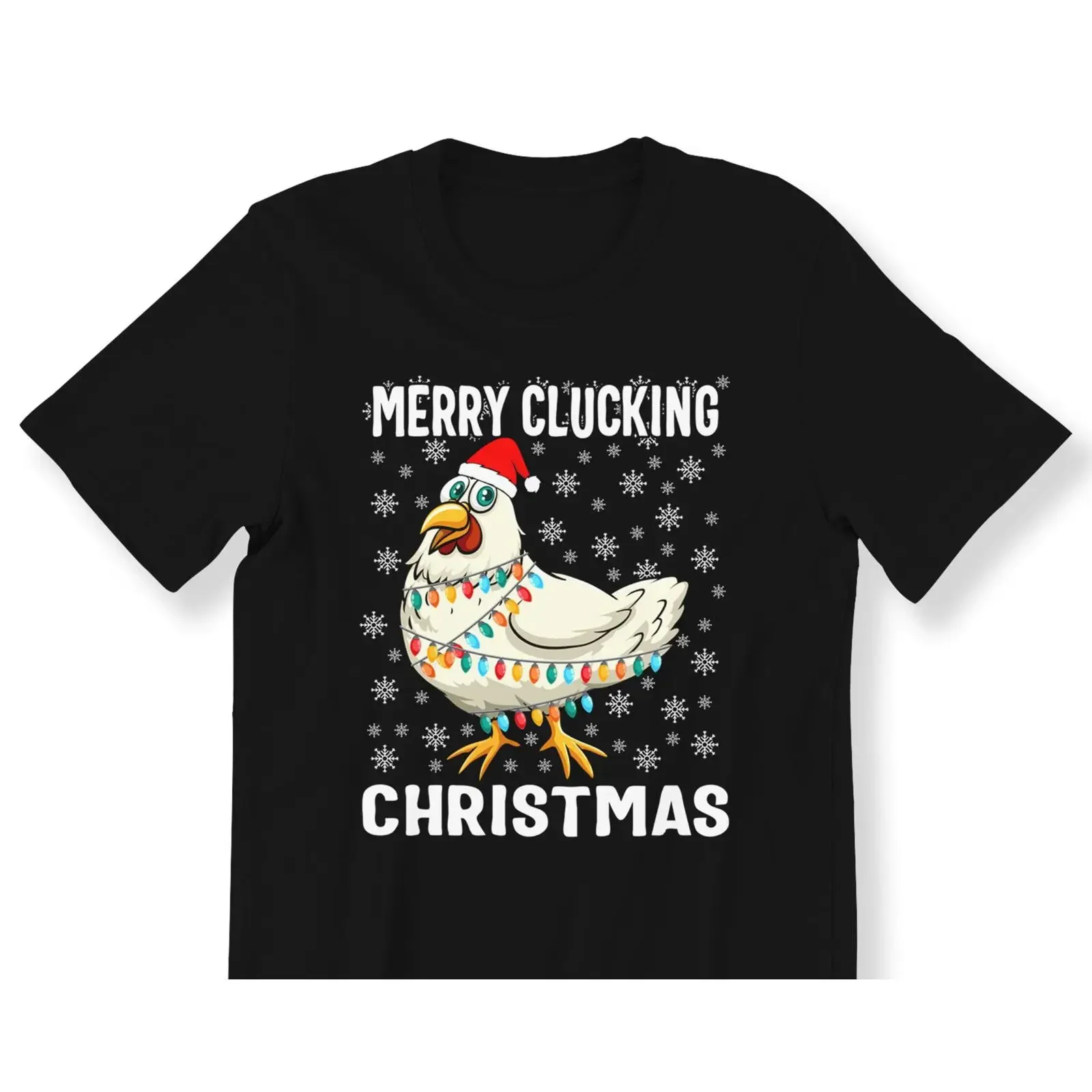 Merry Clucking Christmas Santa Hat Chicken T Shirt Funny Wrapped String Lights Xmas Top For S 5XL vintage Washed Comfortable