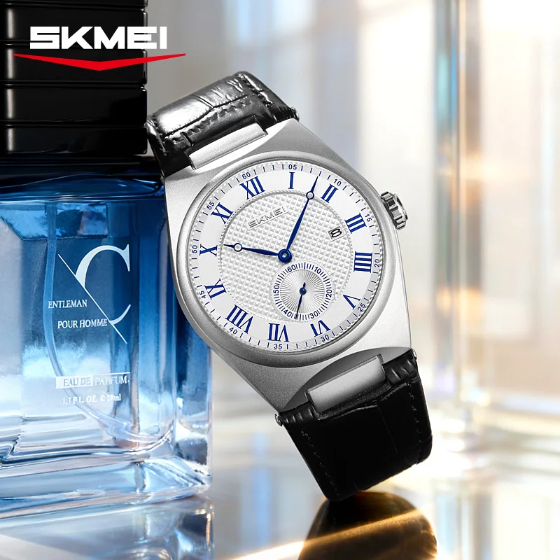 SKMEI 9390 Elegant Men's Quartz Watch Roman Scale Calendar Waterproof Leather Strap Casual Business Watches for Man Reloj Hombre