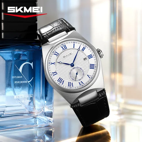 Imagen 2 del producto Reloj de cuarzo SKMEI 9390 elegante para hombre, calendario a escala romana, correa de cuero resistente al agua, relojes de negocios informales para hombre