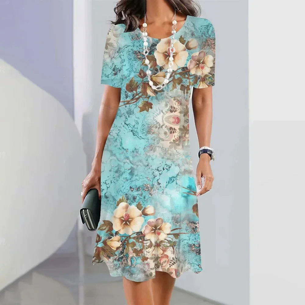 Flower Pattern Fashion Elegant Women Mini Dresses Short Sleeve 3D Floral Printed Street Ladies Dress 3XL Plus Size Casual Dress