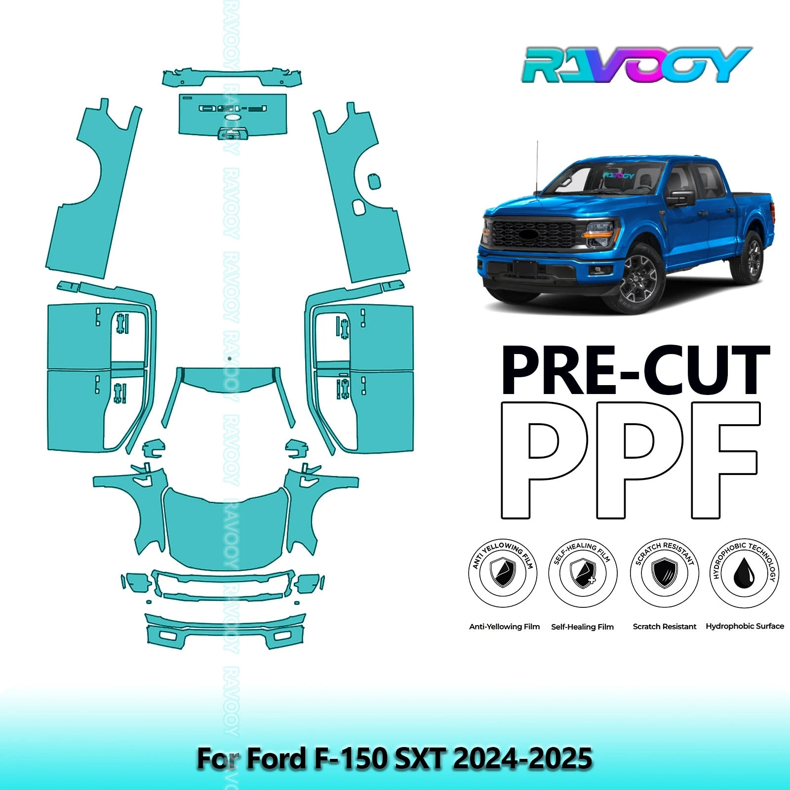 RAVOOY 8.5Mil Custom-Fit Precut TPU PPF Full Vehicle Clear Bra Stone Guard EU UK For Ford F-150 SXT 2024-2026