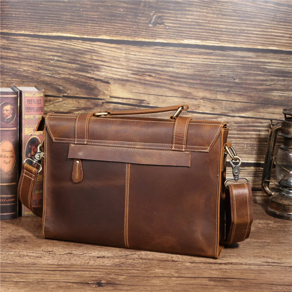 Top Briefcase Grade Male Men's Vintage Real Crazy Horse Leather Messenger Shoulder Portfolio Laptop Bag Case Office Handbag 1095