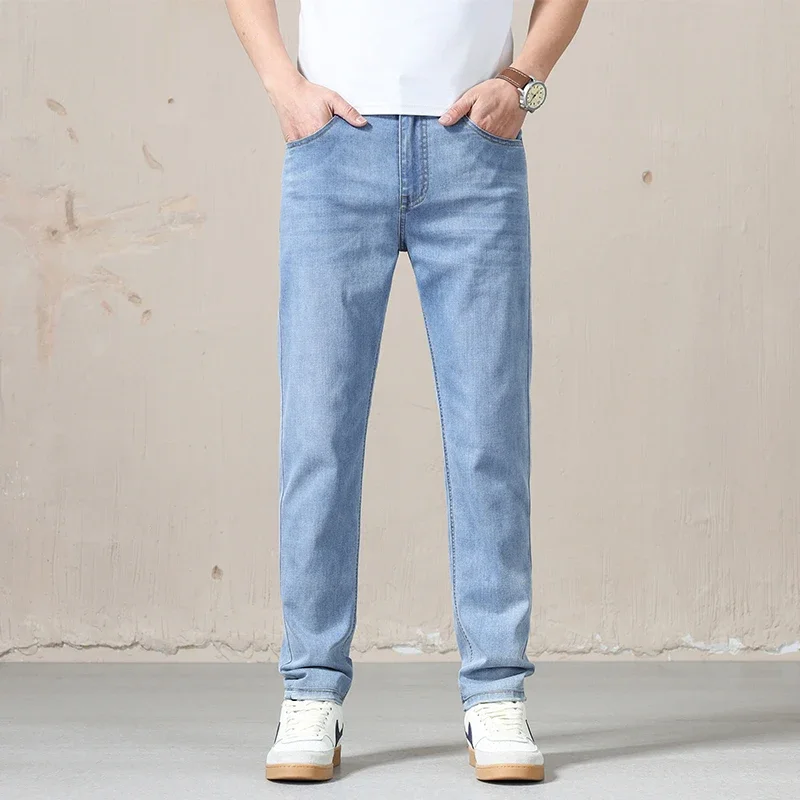 Spring Summer New Business Jeans Blue and Gray for Men Stretch Straight Comfortable Casual Denim Long Pants Classic Style Male