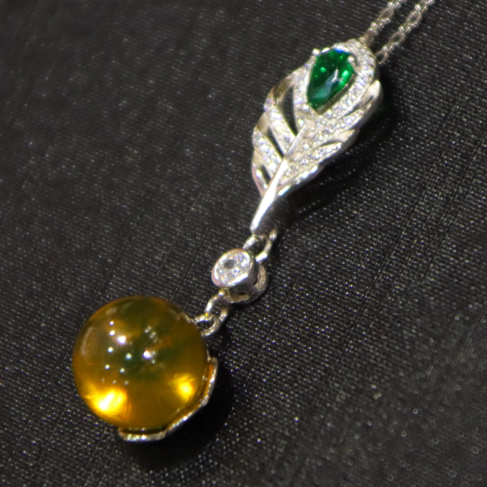 Pure Silver Feather Clasp with Natural Mexican Blue Amber Pendant 11mm Amber Bead Includes a Sterling Silver Necklace