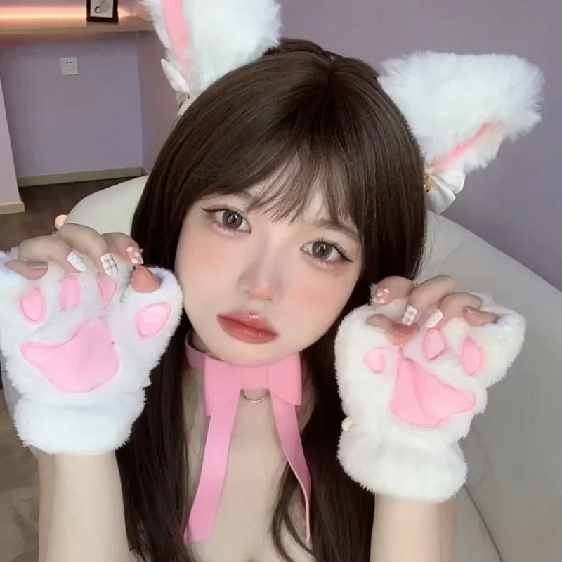 2pcs Cute Cat Claw Paw Plush Mittens Hairband Warm Soft Plush Short Fingerless Fluffy Bear Cat Gloves Costume Half Finger Gift