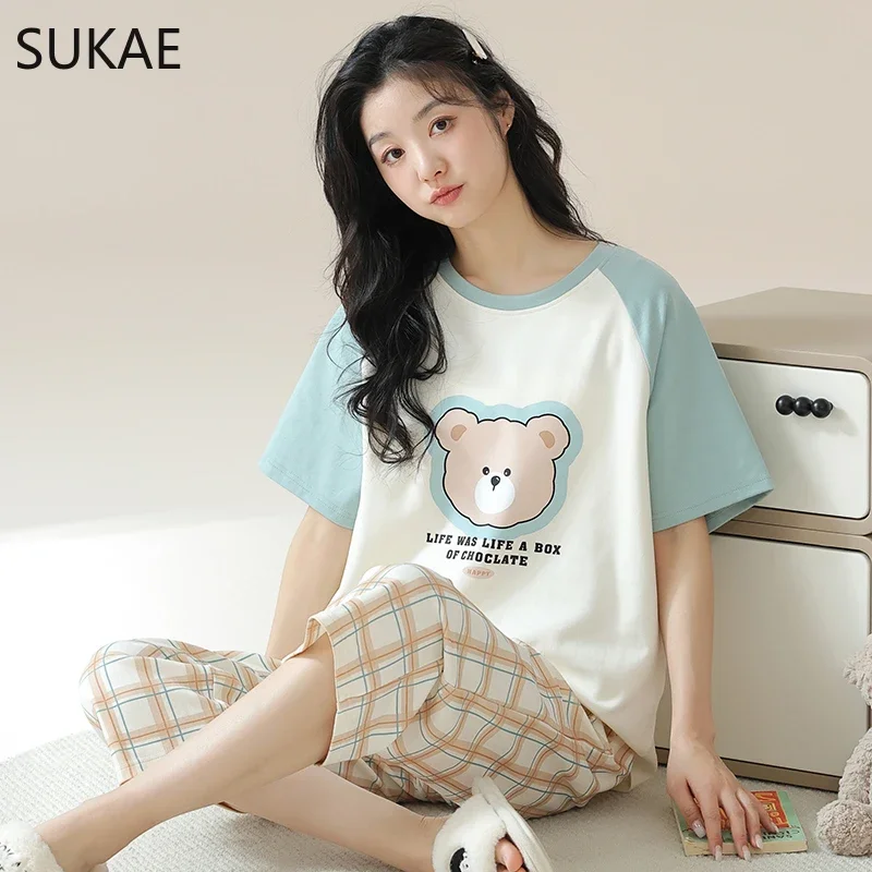 SUKAE Women Capris Pajamas Set Leisure Cartoon Knee-length Sleepwear Lady Short Sleeves Calf-length Pijama Faux Cotton Nightwear