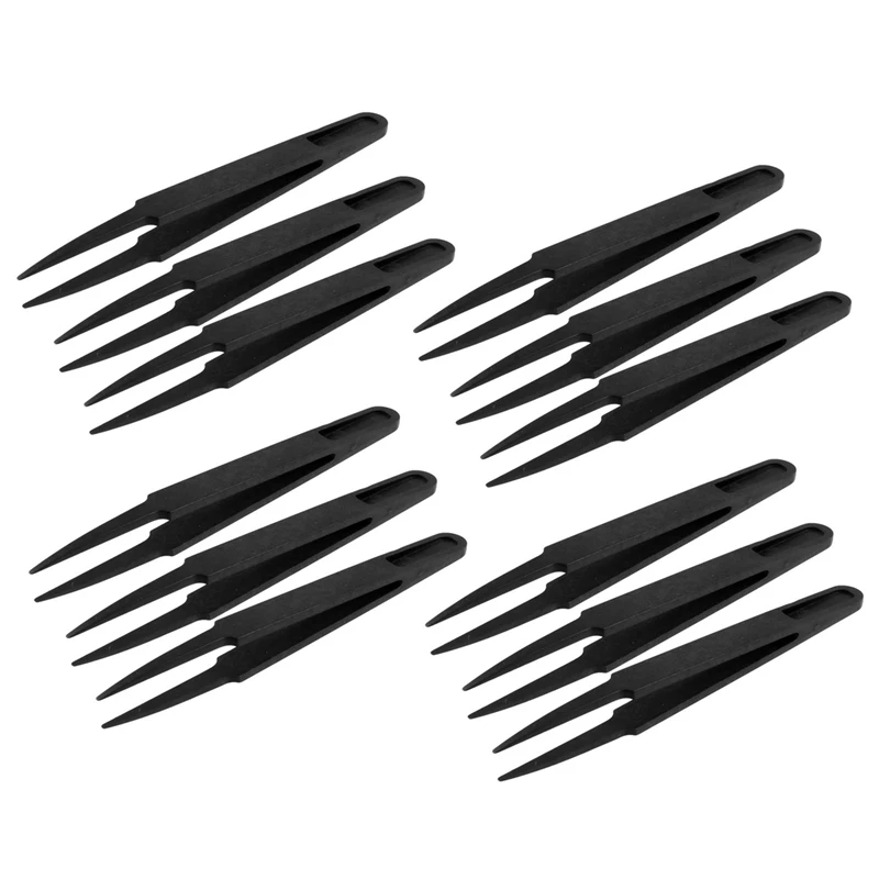 12 Pcs Black Plastic Electronic Pointy Tip Anti-Static Tweezers