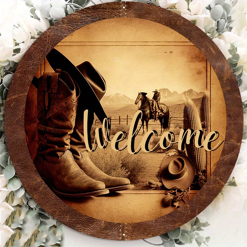 Rustic White Aluminum Metal Sign, Distressed Western Wreath Design, Cowboy Themed Decoration, Durable, Weather Resistant