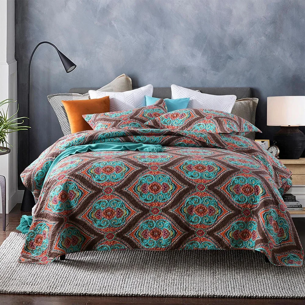 

Printed Cotton Quilt Set 3PCS Quilted Bedspread on the Bed Coverlets Queen Size Double Blanket for Bed Summer Comforter