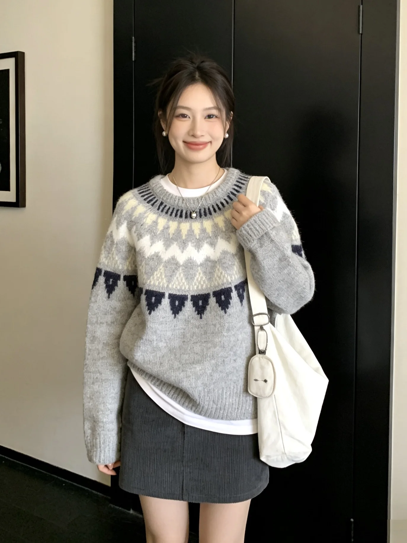 

Retro American Design Lazy Sle round Ne Pullover Sweater Women's Spring New Faion Age Reduction Fair Isle Knitwear