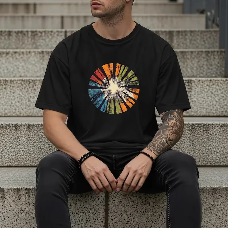 Kaleidoscope Sky Black T-Shirt. Vibrant Radiant Color Circle Print Artistic Nature Forest Light Design Unique Casual Tee