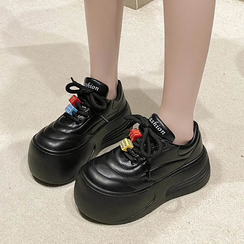 7 ซม.ฤดูใบไม้ผลิผู้หญิง Chunky หนังรองเท้าผ้าใบแพลตฟอร์มหญิง Trainers WEDGE Casual รองเท้าฤดูใบไม้ร่วงใหม่ LACE-up กีฬารองเท้าผู้หญิง