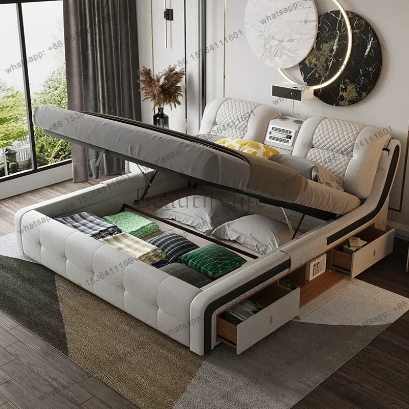 LJY Master Under Storage Double Bed Modern Nordic King Aesthetic White Double Bed Frame Multifunctional Camas Matrimonial Furnit