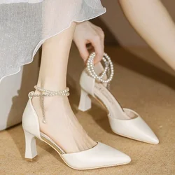 New White Ankle Pearl Strap Strappy Design Fashion High Heels Women Pumps Stiletto Sexy Dress Wedding Bridal Shoes Dress Shoes