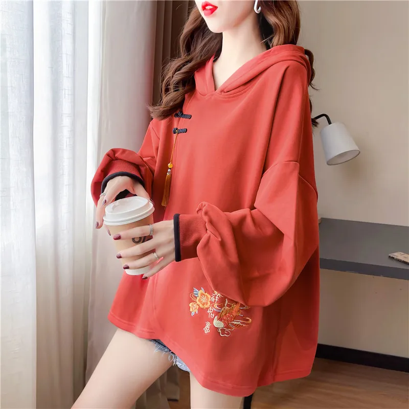 Hoodies Sweatshirts Women Tops Chinese Knot Button Tassel Embroidery Loose Baggy Elegant Female Autumn Winter Chic Temperament