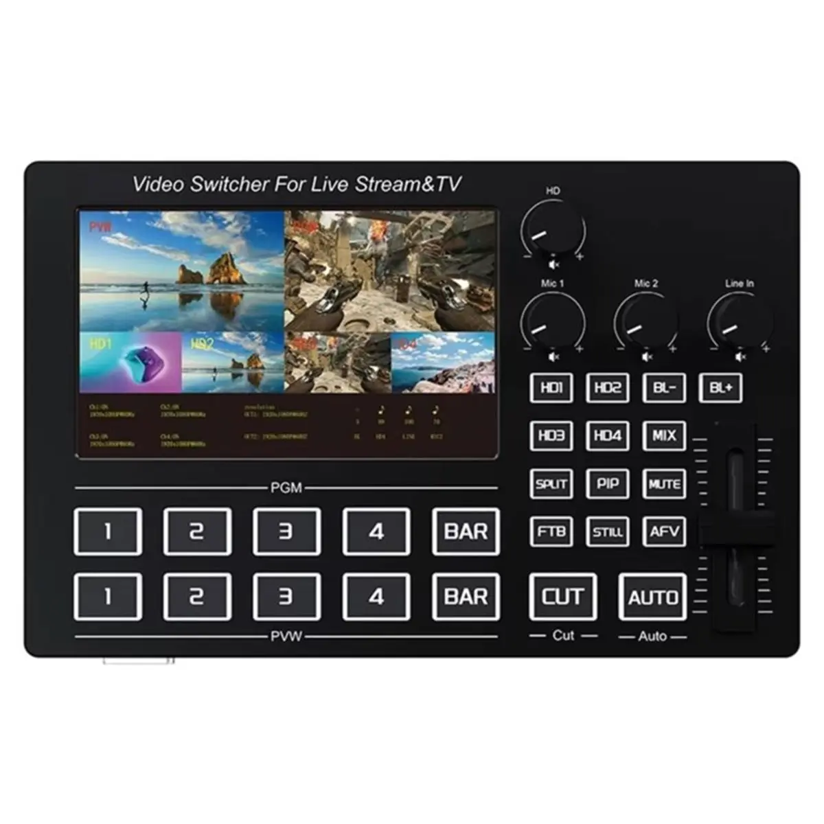 A10I 1080P 4 Channel -Compatible Live Video Switcher with 5 Inch Screen Mic Line in Audio Mixing EU