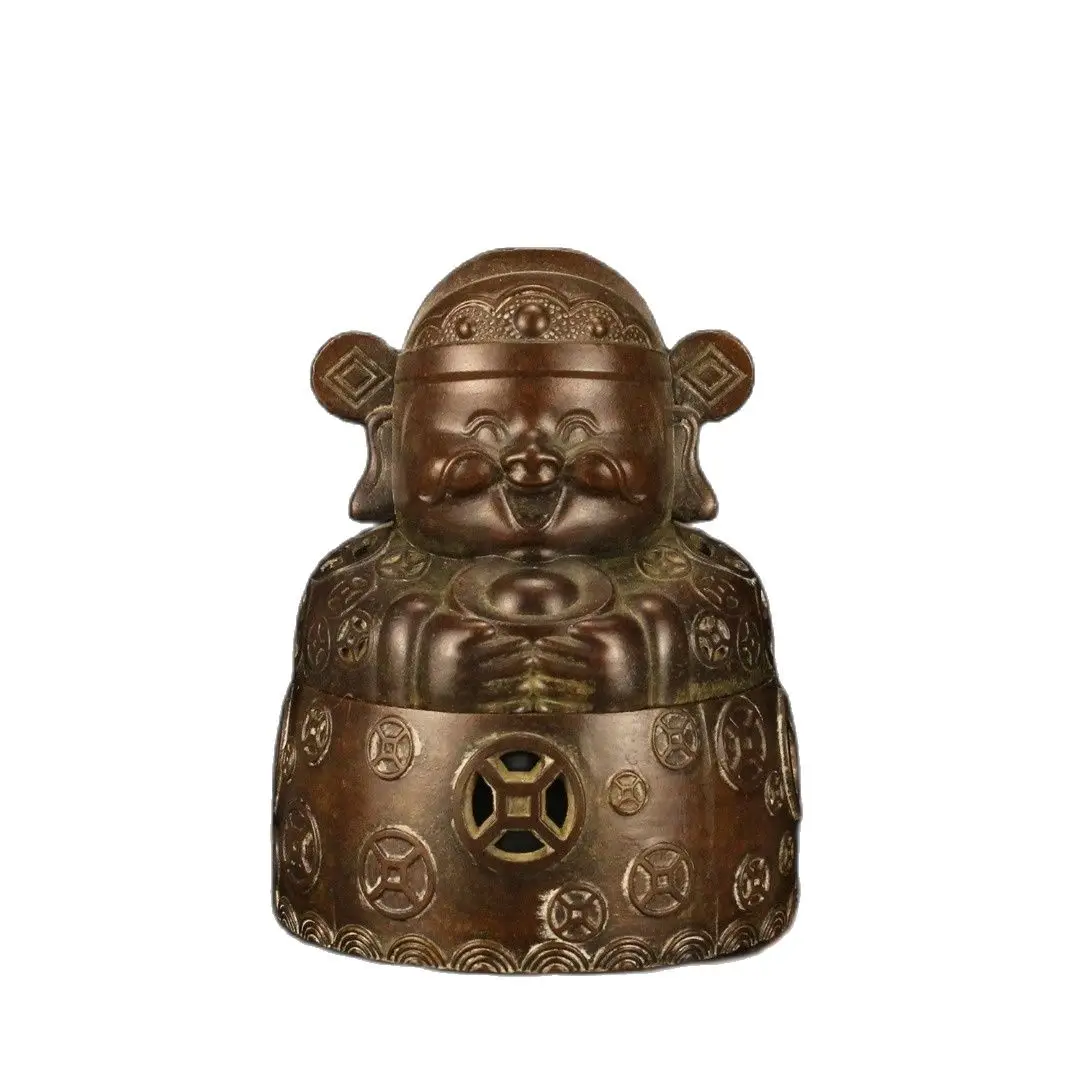 

Bronze Retro God of Wealth Art Sculpture Feng Shui Ornament Metal Incense Stove Ashtray Storage Box Home Desktop Decoration