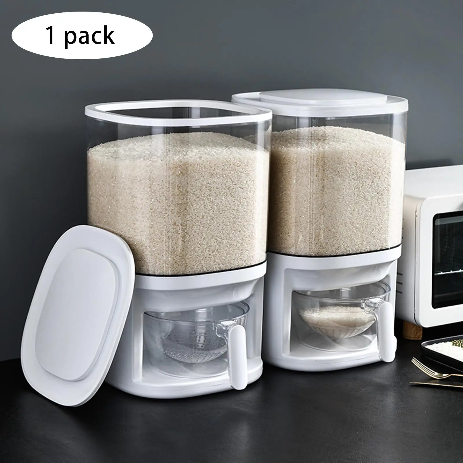 Rice Dispenser Dry Food Cereal Containers W/ Measuring Cup with Lid Kitchen Countertop Cereal Dispenser Storage Bin