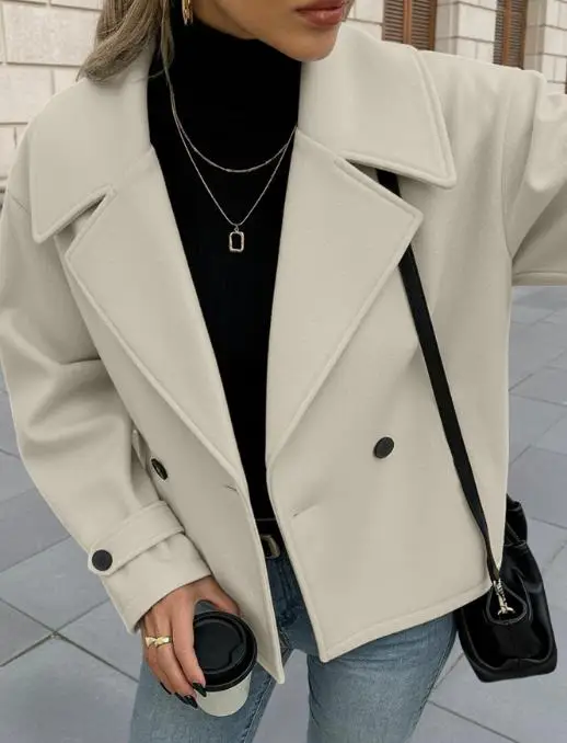 Nuevo abrigo corto con doble botonadura para mujer, diseño minimalista con cuello de gran tamaño para uso diario e informal, otoño e invierno