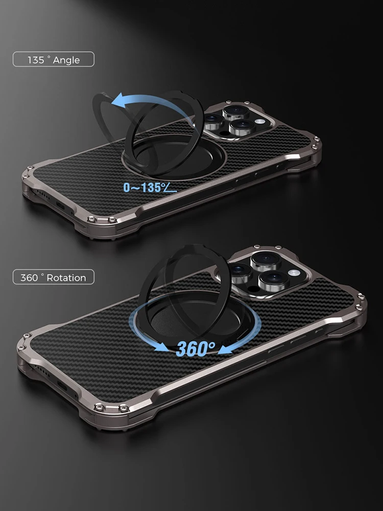 R-just Metal Carbon Fiber Case For Iphone 15 14 13 Pro Max Cover Lightweight Aluminum Alloy Funda Coque Built-in Holder Ring