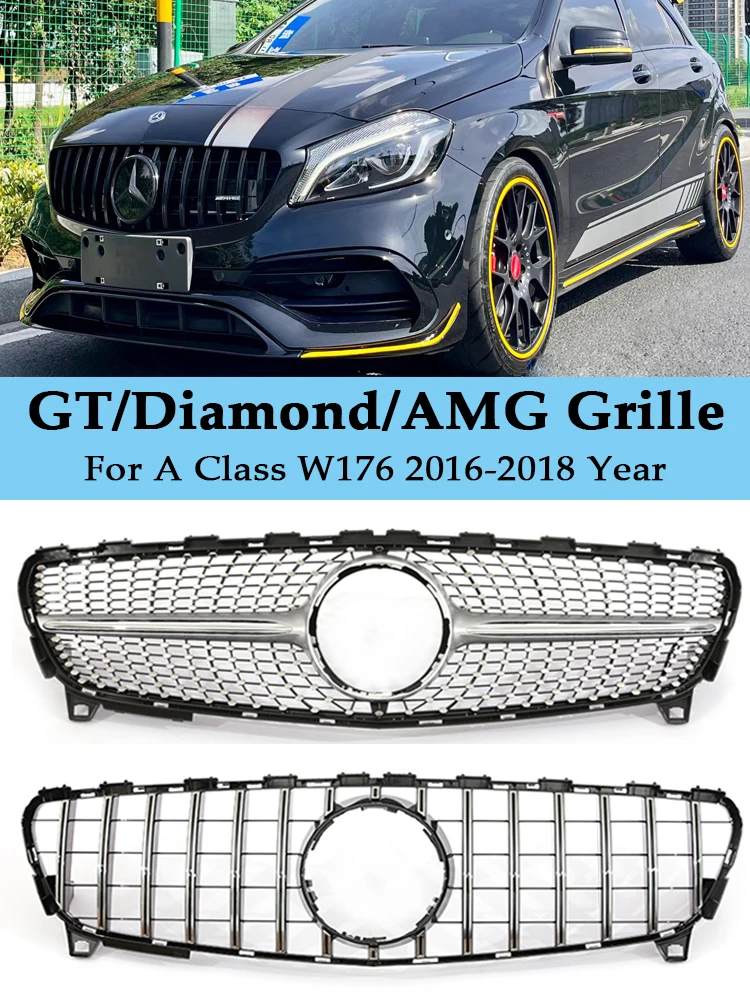 

A35 A45 Front Bumper Radiator Diamonds GT AMG Grille For Mercedes Benz A Class W176 A35 A180 A200 A250 2016-2018 Black Silver