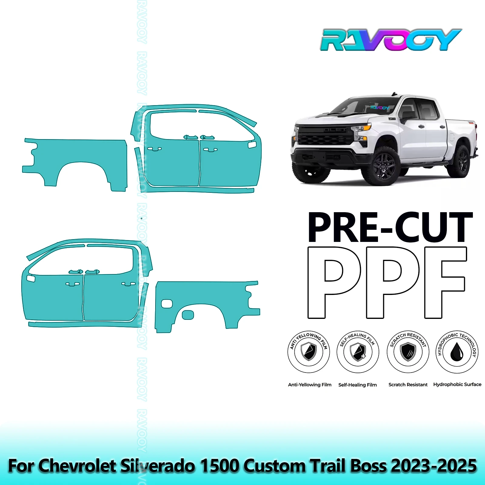 

For Chevrolet Silverado 1500 Custom Trail Boss 2023-2025 8.5mil Pre-Cut PPF Door & A/B Pillar Kit TPU Paint Protection Film Set