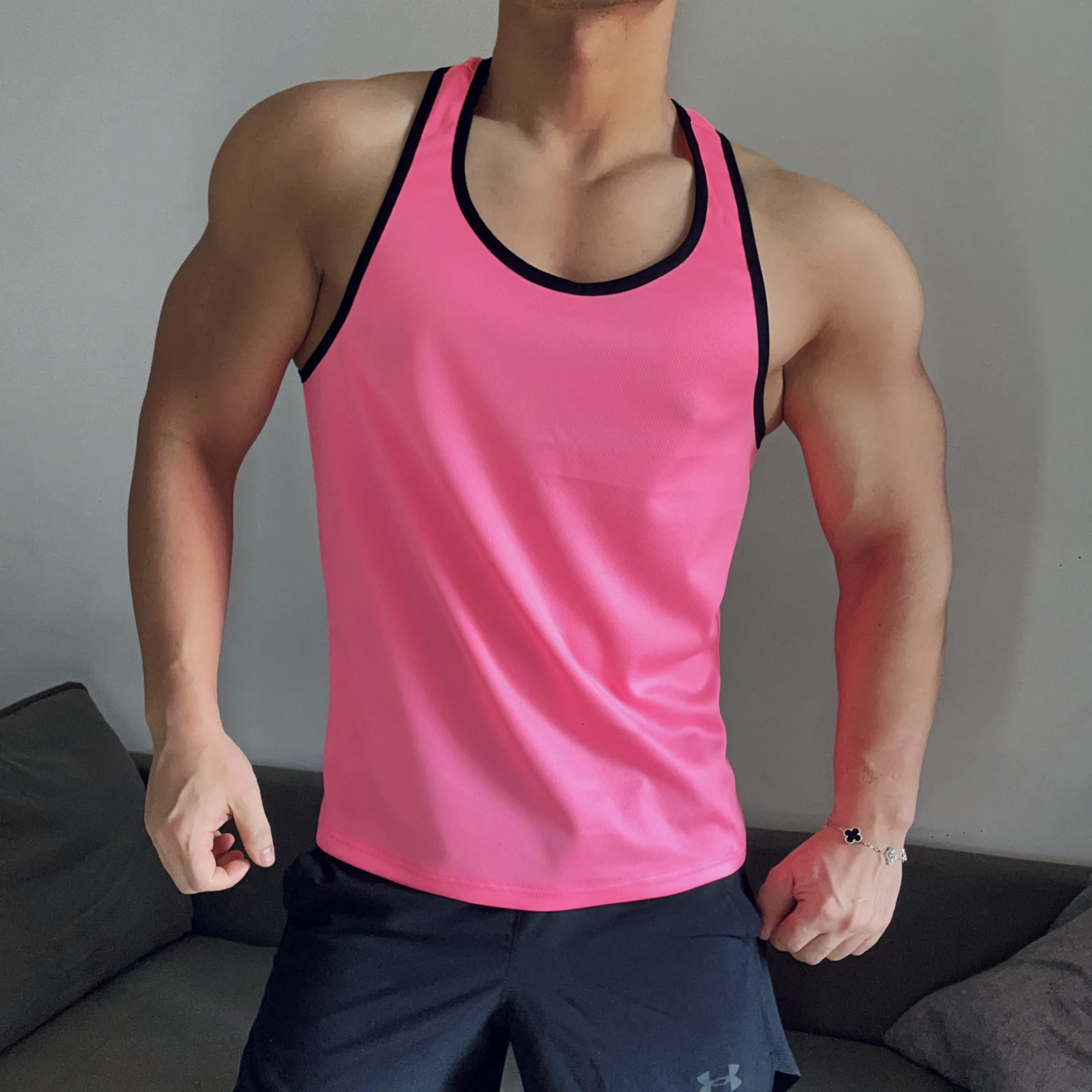 Summer Solid Color Basic Quick Drying Thin Shoulder Strap Fluorescent Contrasting Vest For Men's Fitness Sports Training Clothes