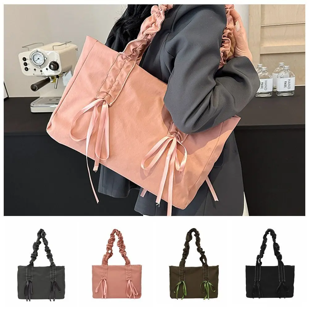 

Creative Gift Large Capacity Handbags Harajuku Reusable Drawstring Bow Shoulder Bag Nylon Solid Color Tote Bag Daily Use