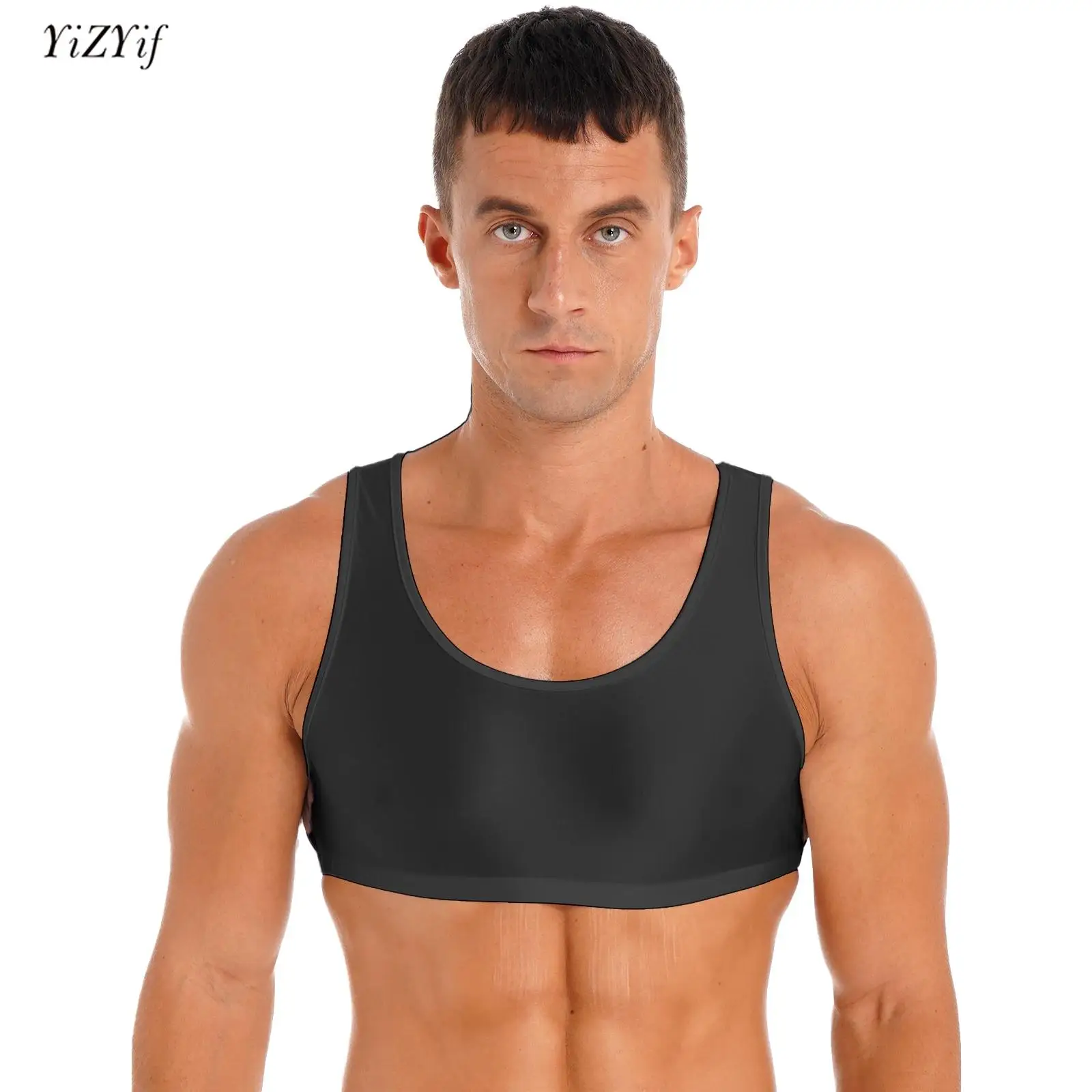 Mens Glossy Tank Crop Top Sexy Clubwear Sleeveless Solid Color Stretchy Vest Bra Tops Sport Gym Fitness Tees Swimwear Nightwear