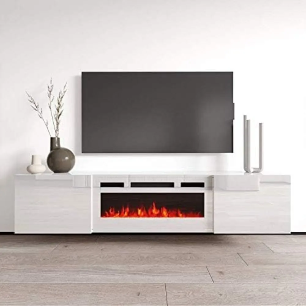 

Meble Furniture Cali WH-EF TV Stand with Floating Fireplace - Modern High Gloss TV Stand with Storage Cabinets - Wall Mounted Me