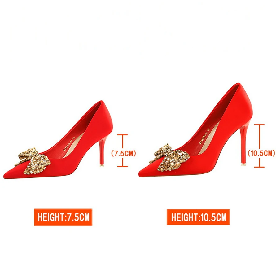 Women 7.5 cm 10.5 cm Heels Rhinestone Bow Women Pumps Silks Satins High Heels Stiletto Luxury Banquet Shoes Large Size 42 43