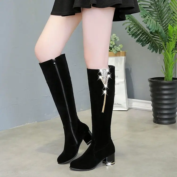 Winter New Women\'s Long Boots Fashion Rhinestone Thick-heeled High-heeled Knee-high Boot Zipper Retro Knight Boot Women Shoes