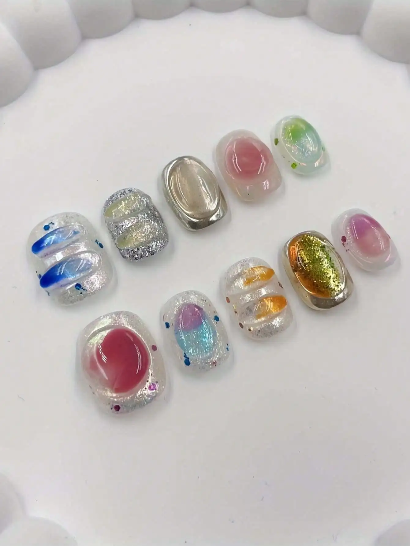 

​​10pc Handmade Candy Dopamine Nails: Short square w/cartoon bubbles & decals. Gift-ready, reusable for daily/parties. For girls
