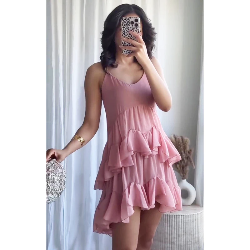 Asymetryczna sukienka z falbanką na imprezę na lato z dekoltem w szpic w jednolitym kolorze różowa moda damska sukienka wsuwana Streetwear wakacyjne ubrania damskie
