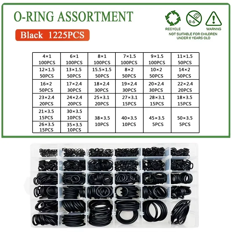 1225 Rubber Black O-Ring Kits 18 Sizes of Sealing Gasket Washers NBR High Temperature Resistant Suitable for Automotive Repairs